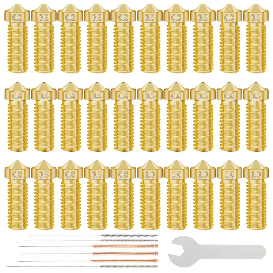 30Pcs/PackE3D M6 Volcano Nozzles 30pcs 3D Printer Brass Nozzles,0.2mm,0.3mm,0.4mm,0.6mm,0.8mm,1.0mm Nozzle Makerbot Creality Ender 3 CR-10 with 6 Needles and Metal Storage Box-Longer