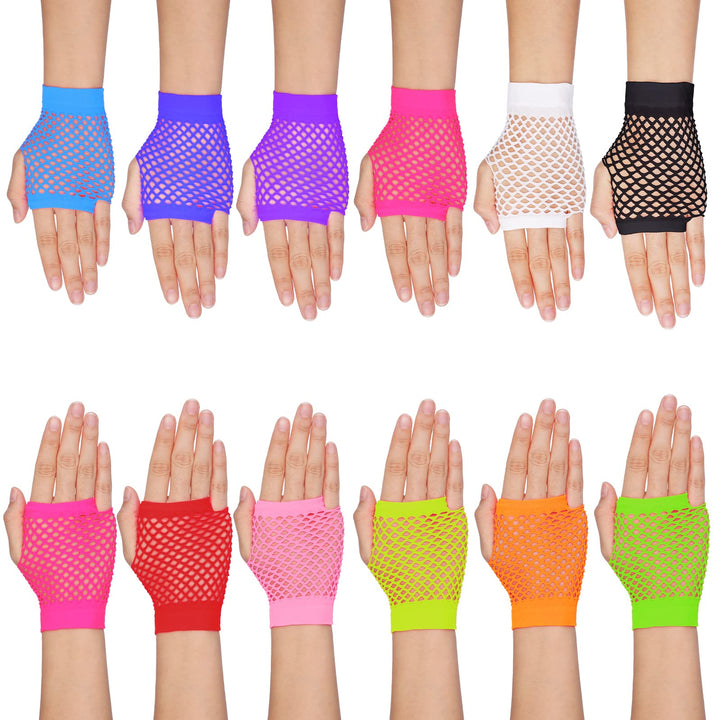 12 Pairs Fingerless Fishnet Neon Gloves 80s Fishnet Glo