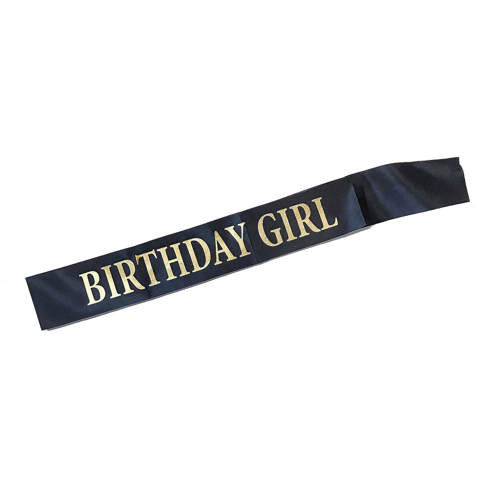 Birthday Sash for Girls Black Satin Birthday Girl Sash with Gold Glitter Lettering Party Favors, Supplies and Decorations