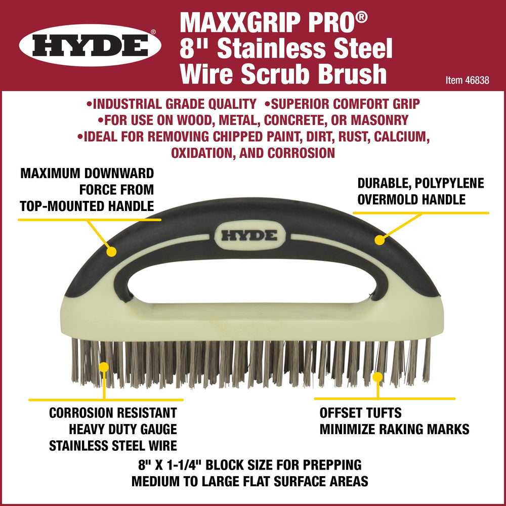 HYDE 46838 MAXXGRIP PRO Wire Brush, 8-Inch, Beige