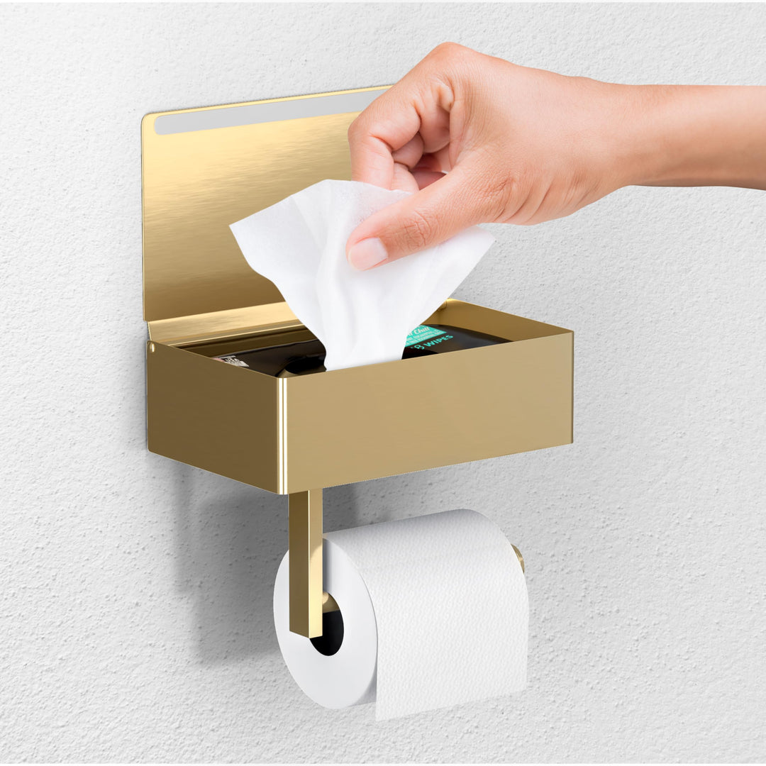 Day Moon™ Brushed Gold Toilet Paper Holder with Shelf, Wipe Holder for Bathroom Flushable Wipes Dispenser Toilet Paper and Wipes Holder, Toilet Paper Holder with Storage Toilet Paper Holder Wall Mount