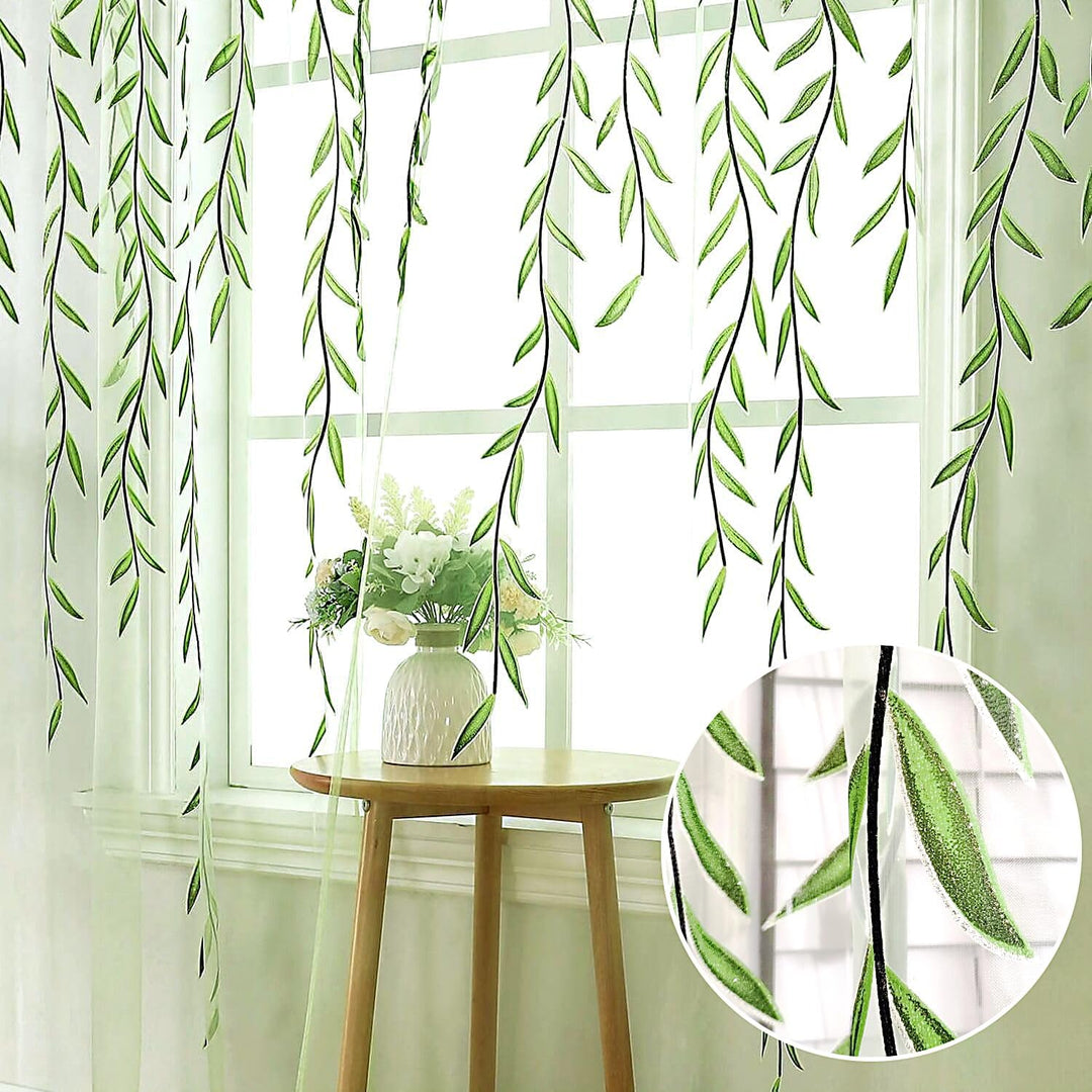 Green Sheer Window Curtains-Pocket Design Sheer Curtains Pretty Vine Curtains 2 Panels Leaf Pattern Curtain Sheers Voile Sheer Window Curtain Panels for Kids Bedroom Living Room Nursery