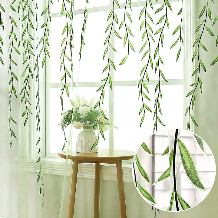 Green Sheer Window Curtains-Pocket Design Sheer Curtains Pretty Vine Curtains 2 Panels Leaf Pattern Curtain Sheers Voile Sheer Window Curtain Panels for Kids Bedroom Living Room Nursery