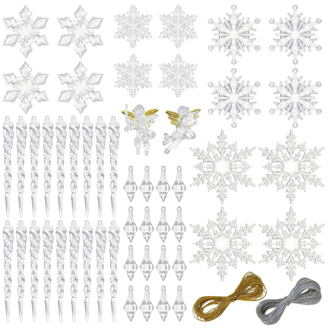 52pcs Icicles Ornaments Set, Clear Snowflake Acrylic Christmas Icicle Ornaments Angel Ornament for Christmas Tree, Christmas Party Decorations