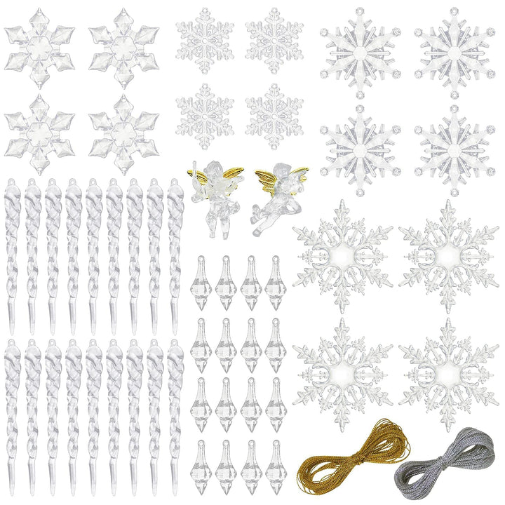 52pcs Icicles Ornaments Set, Clear Snowflake Acrylic Christmas Icicle Ornaments Angel Ornament for Christmas Tree, Christmas Party Decorations