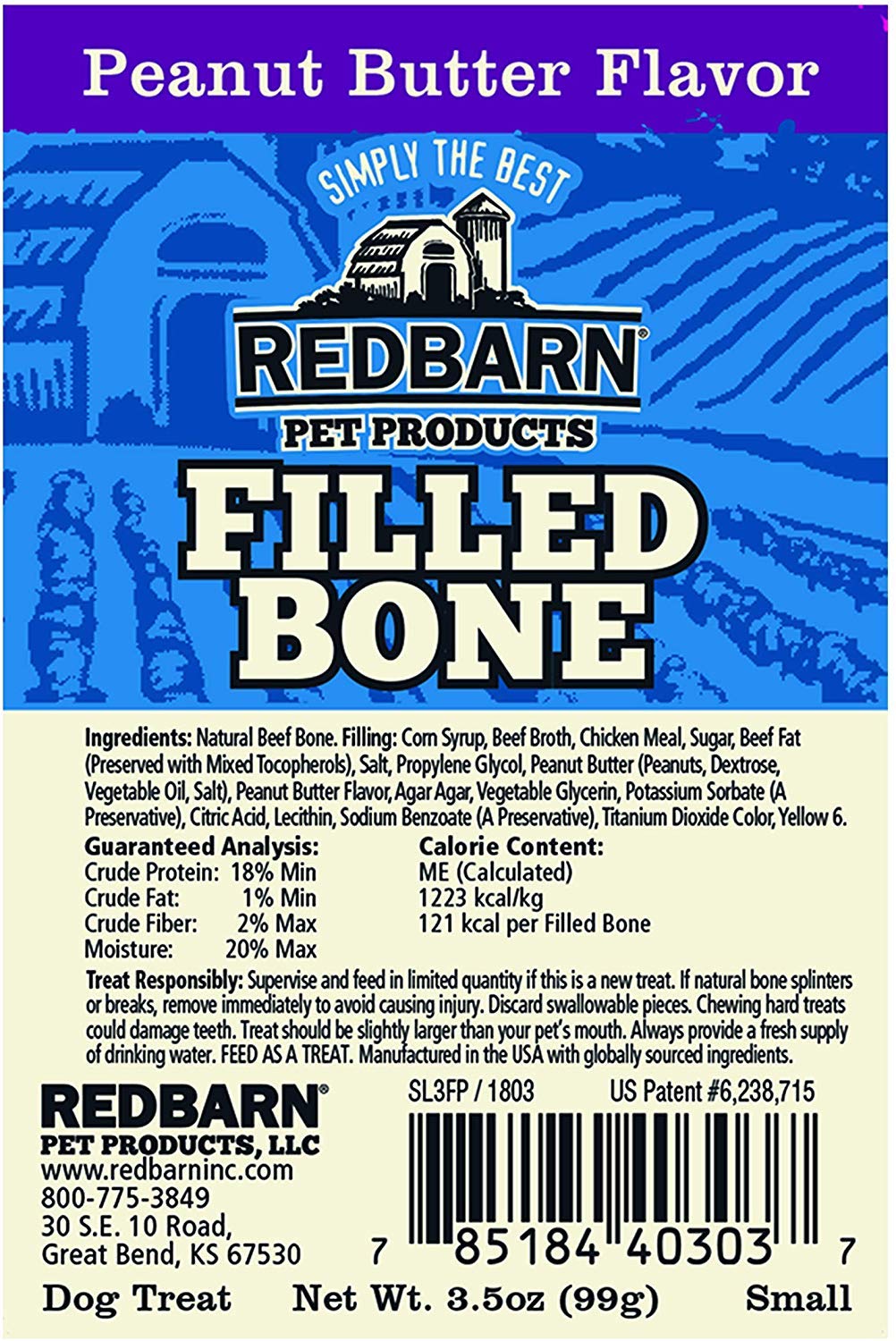 Redbarn Filled Dog Bones, Natural Long-Lasting Dental Treats; Suitable for Aggressive Chewers, Small (3) - 5 Bones (Peanut Butter)