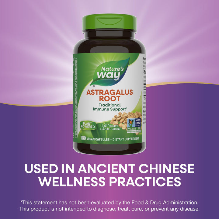 Nature&#39;s Way Astragalus Root - Astragalus Root Herbal Supplement - Traditional Immune Support* - Non-GMO Project Verified - Gluten &amp; Dairy-Free - 180 Vegan Capsules