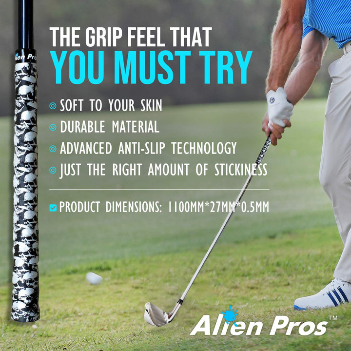 ALIEN PROS Golf Grip Wrapping Tapes (3-Pack) - Innovative Golf Club Grip Solution - Enjoy a Fresh New Grip Feel in Less Than 1 Minute (3-Pack, Skull Black), one size