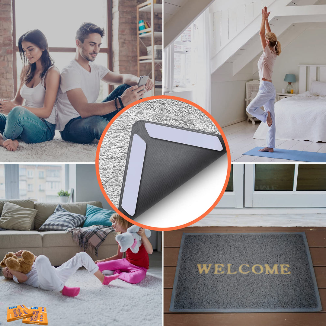 12 PCS Rug Tape, Reusable Washable Grippers for Rugs, Double Sided Non-Slip Rug Pads for Hardwood Floors, Rug Stoppers to Prevent Sliding, White