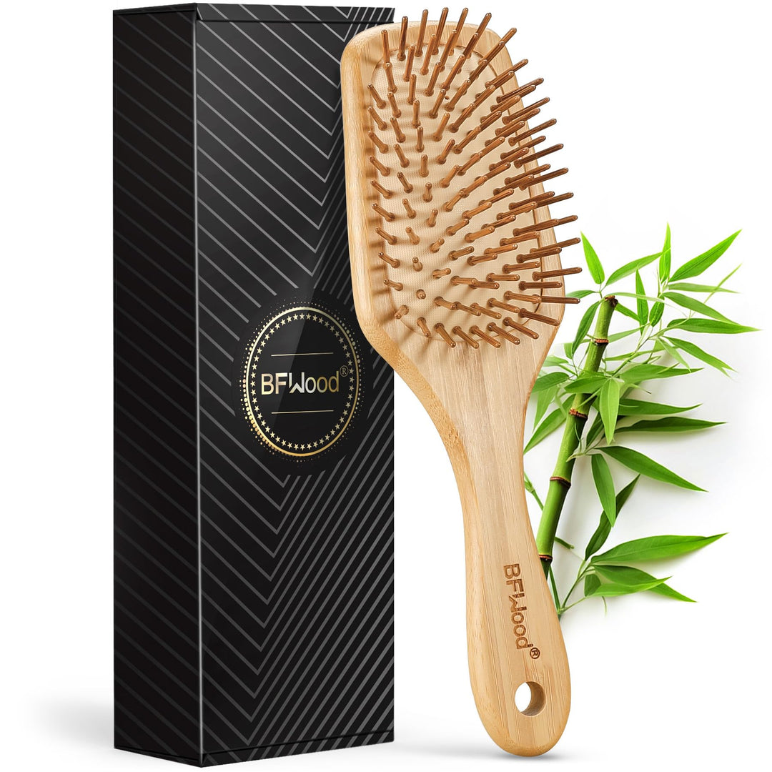 Bamboo Paddle Hairbrush with Bamboo Bristles for Massaging Scalp