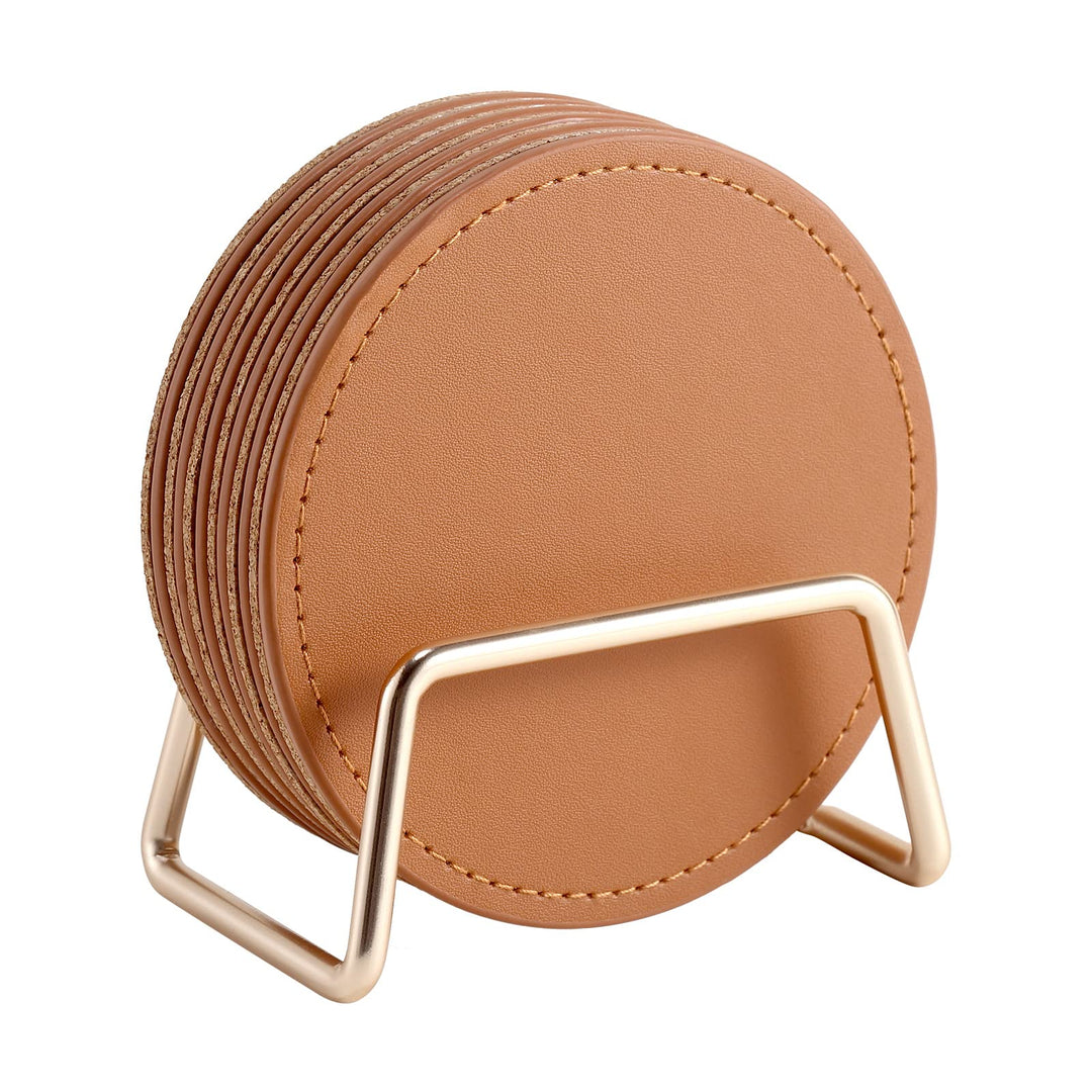 Drink Coasters with Metal Holder Stand Set of 6, PU Leather Absorbent Coasters with Cork Base Table Coaster Set Decorative Coffee Cup Coasters Housewarming Gift for Home Decor