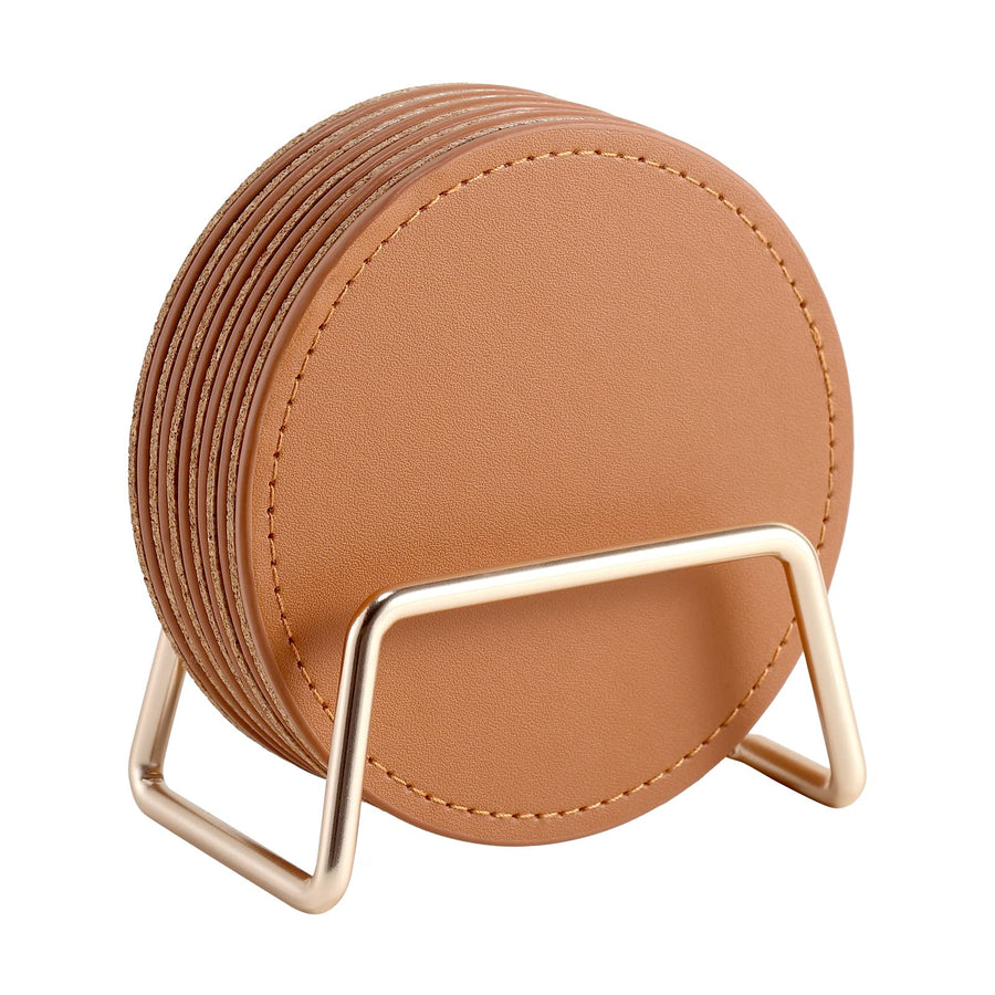 Drink Coasters with Metal Holder Stand Set of 6, PU Leather Absorbent Coasters with Cork Base Table Coaster Set Decorative Coffee Cup Coasters Housewarming Gift for Home Decor