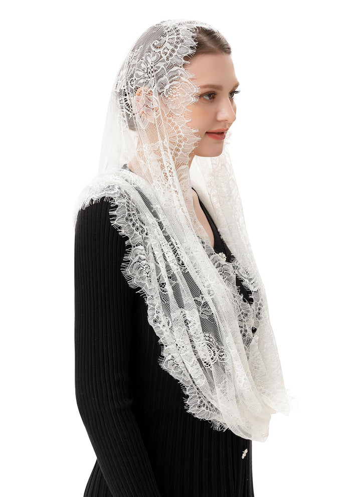 Spanish Style Lace Traditional Vintage Inspired Infinity Shape Mantilla Veil Latin Mass Head Covering (Ivory)