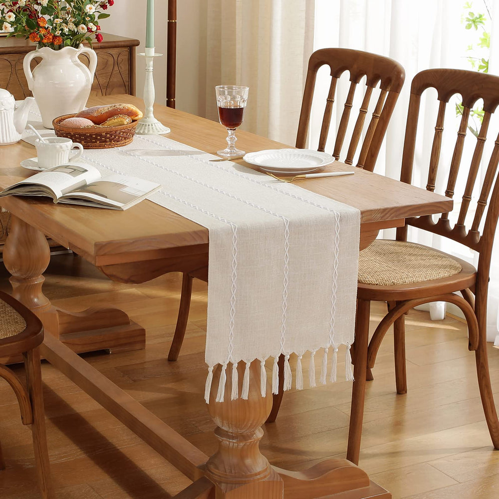 Grehge with Handmade Tassel, Vintage Woven Cotton Linen Table Runner 90 inche Garden Sculpture Outdoor Decoration