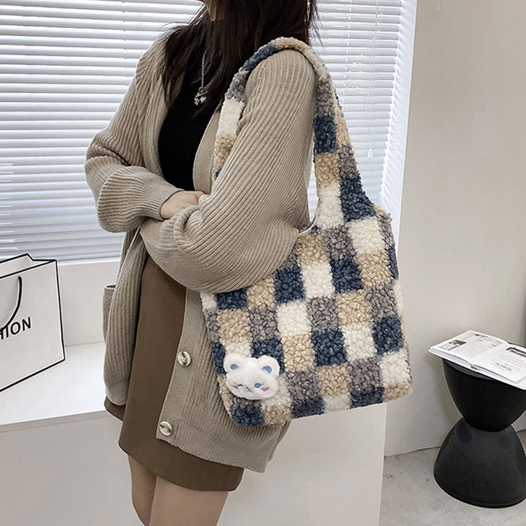 Women Girls Cute Bear Plush Shoulder Bag Large Tote Handbag Purse Faux Fur Shopping Dating Bag (6595+Blue)