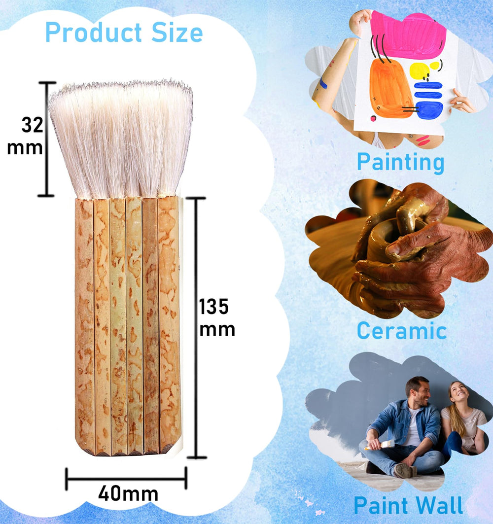 2 PCS Sheep Hair Hake Brush, 1 7/8 Bamboo Handle Hake Blender Brush for Watercolor/Pottery/Kiln Wash/Dust Cleaning/Ceramic/Decor Painting (6 Reeds)