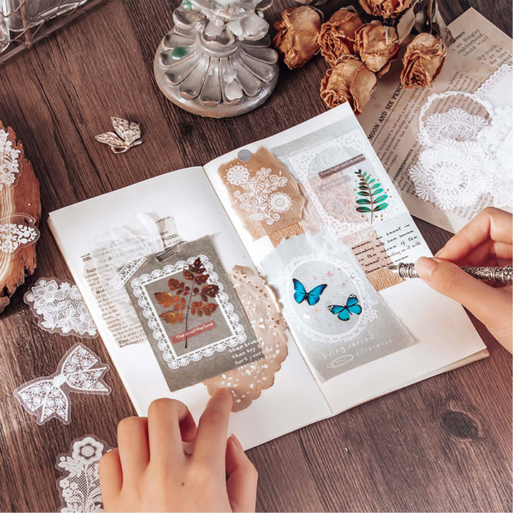 180 Pcs Transparent Lace Sticker Pack,PET Transparent Photo Frame Decorative Stickers for Scrapbooking Diary Planner Album Diary Notebook DIY Decoration(6 Packs)