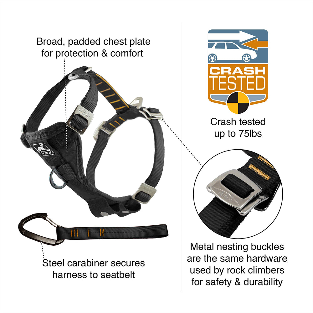 Tru-Fit Enhanced Strength Dog Harness - Certified Crash Tested Car Safety Harness for Dogs - Metal Buckles, Padded Chest - Includes Pet Seatbelt - No Pull Training - Black, Small