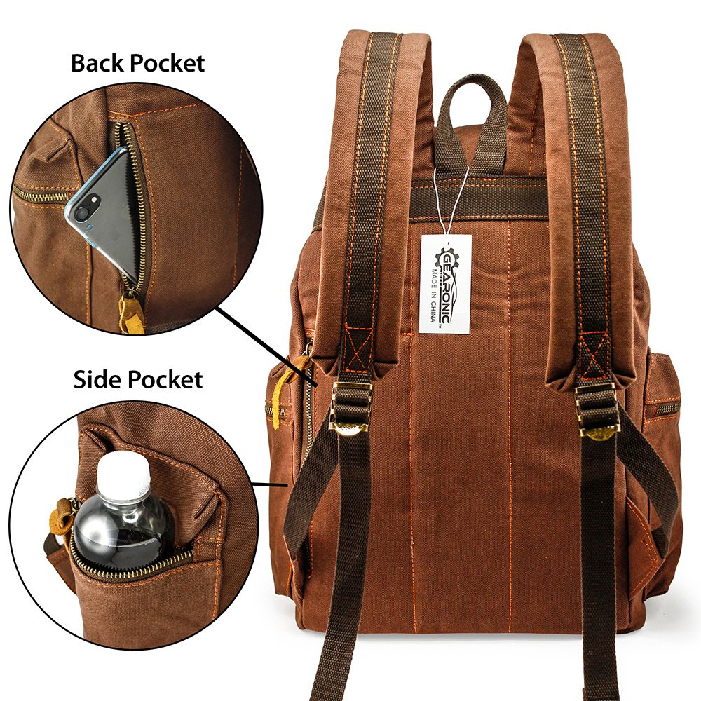 Vintage Canvas Backpack, Casual Daypack Backpacks for Men Women, 15inch Laptop Bag Travel Hiking Camping Rucksack - Coffee
