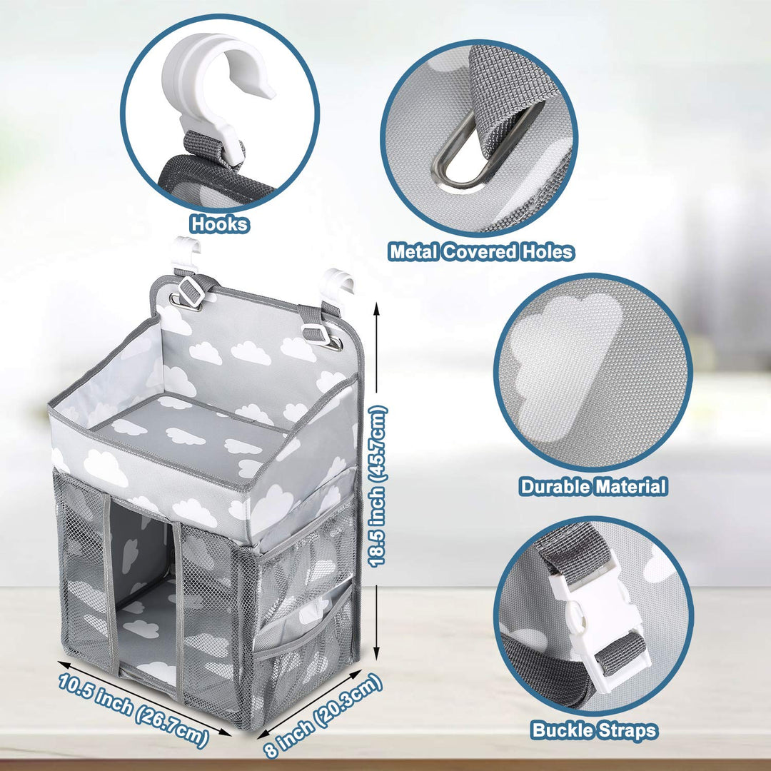 Diaper Caddy Hanging Diaper Caddy Organizer, Hanging Nursery Nappy Organiser Diaper Holder Caddy Stacker for Baby Girl Boy Crib Changing Table Playard Wall Baby Shower Gifts Bedside Storage Bag -Grey