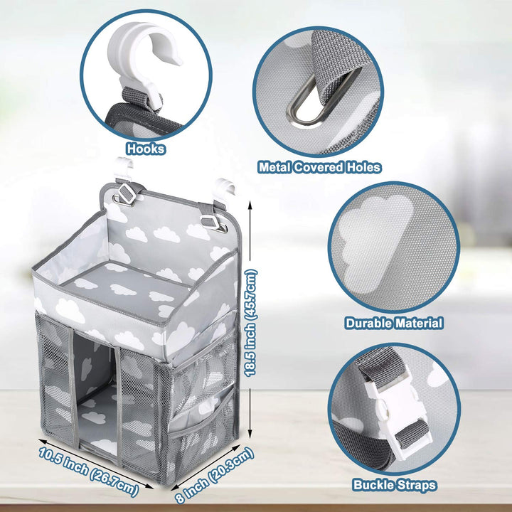 Diaper Caddy Hanging Diaper Caddy Organizer, Hanging Nursery Nappy Organiser Diaper Holder Caddy Stacker for Baby Girl Boy Crib Changing Table Playard Wall Baby Shower Gifts Bedside Storage Bag -Grey