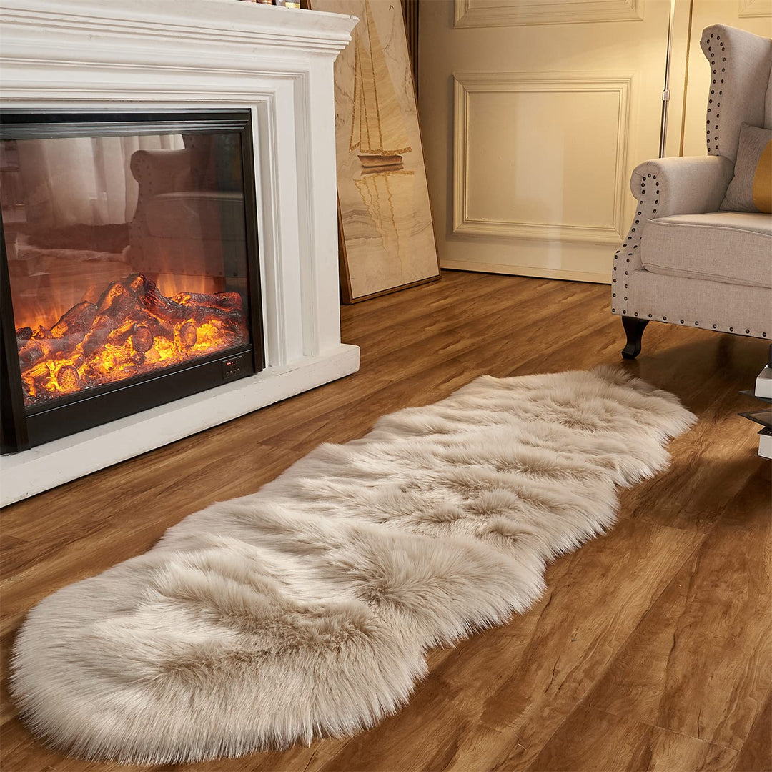Area Rug Faux Fur Sheepskin Beige for Home Bedroom, Fluffy Small Fuzzy Furry Shaggy Rug for Living Room 2 x 6 Feet