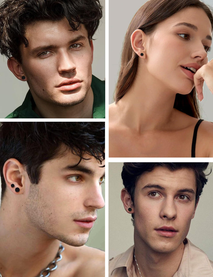 Stainless Steel Black Stud Earrings for Men Women, 8mm