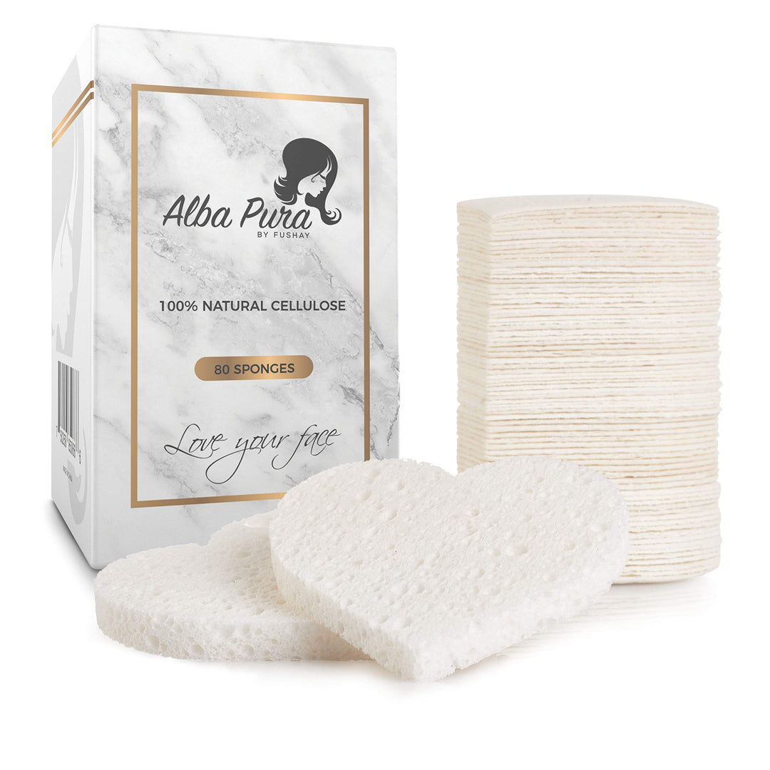 Compressed Facial Sponges for Sensitive Skin Natural Cellulose Sponge for Face Cleansing Exfoliating and makeup removal, Professional use Deep clean and hypoallergenic 80 count - Alba Pura