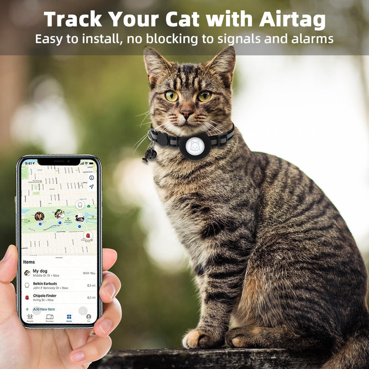 Airtag Cat Collar, Air tag Cat Collar with Bell and Safety Buckle in 3/8 Width, Reflective Collar with Waterproof Airtag Holder Compatible with Apple Airtag for Cat Dog Kitten Puppy