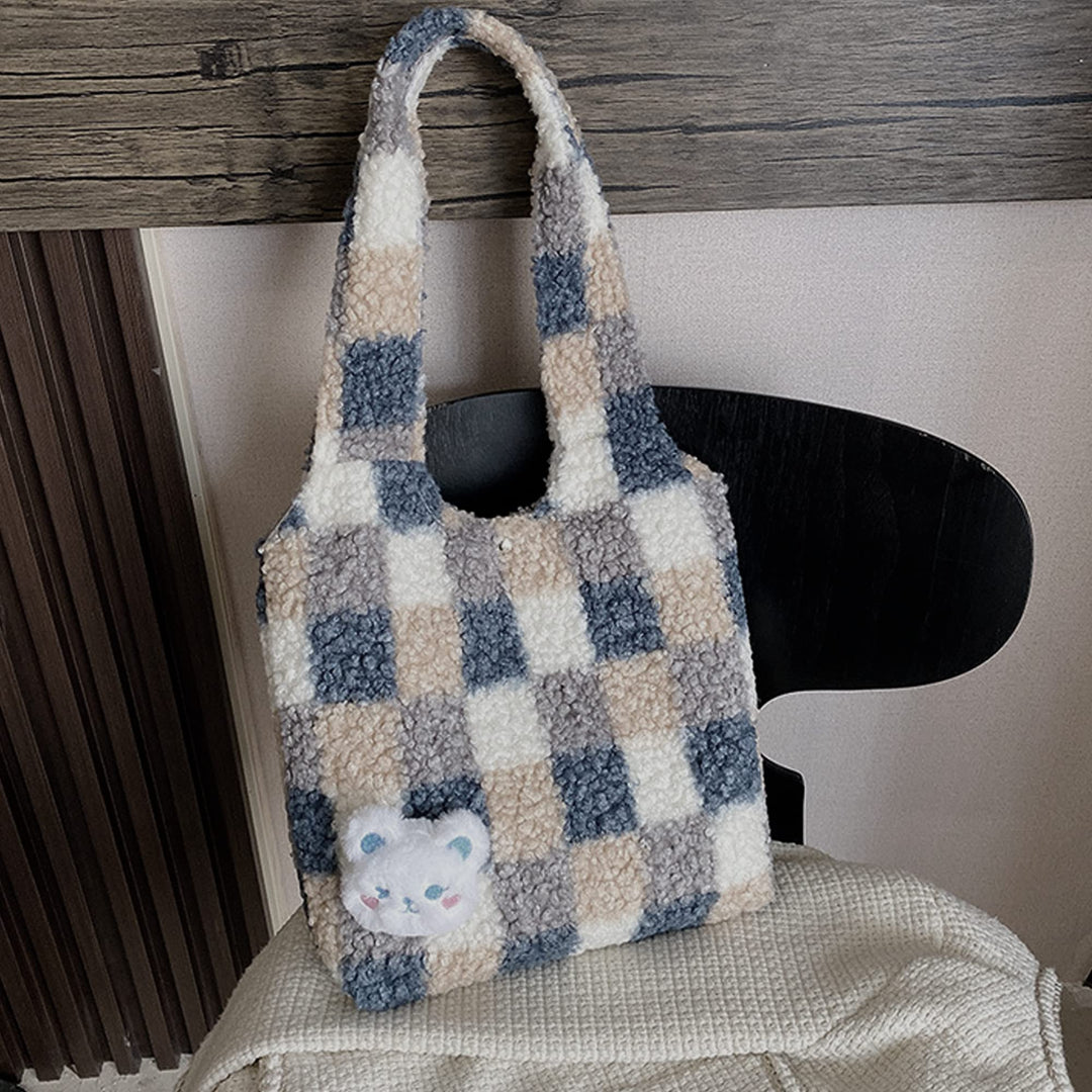 Women Girls Cute Bear Plush Shoulder Bag Large Tote Handbag Purse Faux Fur Shopping Dating Bag (6595+Blue)