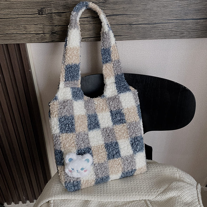 Women Girls Cute Bear Plush Shoulder Bag Large Tote Handbag Purse Faux Fur Shopping Dating Bag (6595+Blue)