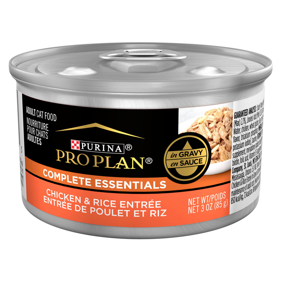High Protein Cat Food Complete Essentials Wet Gravy, Chicken and Rice Entree - (Pack of 24) 3 oz. Pull-Top Cans