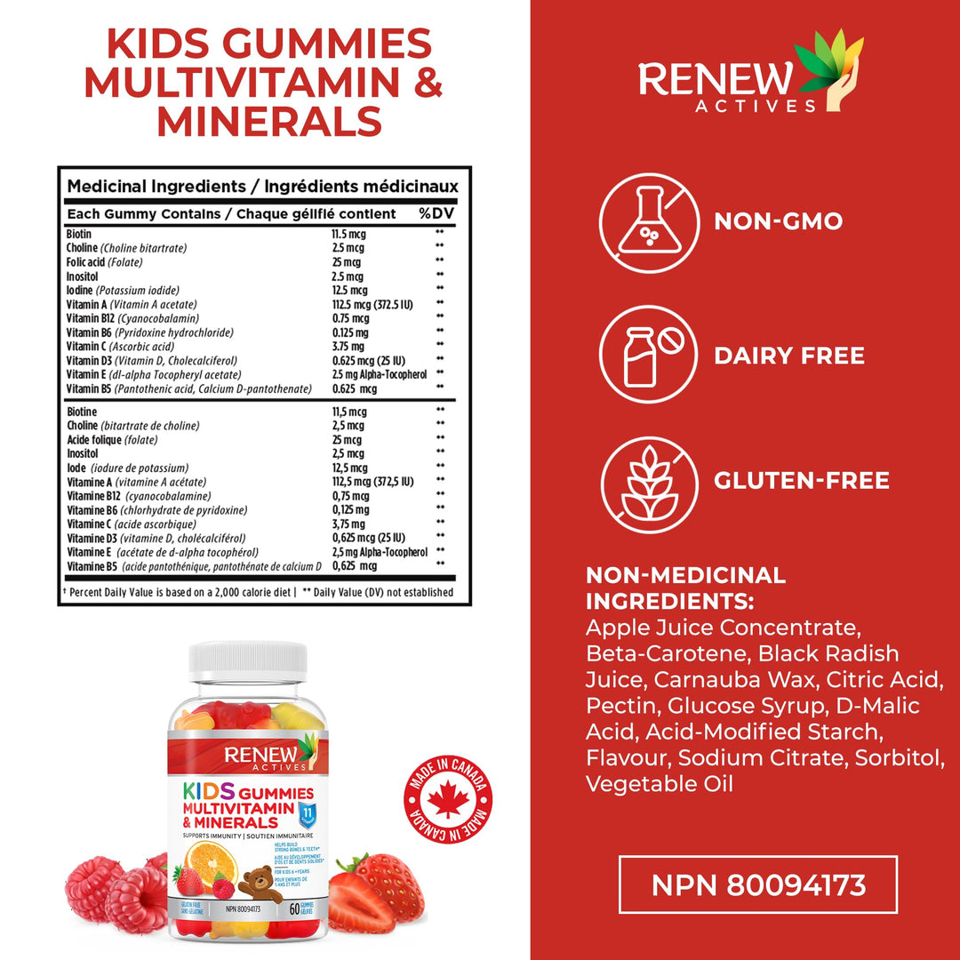 Renew Actives Kids Multivitamin 4 Gummies per Serving – Supports Health, Hair, Skin, Nails, Eyesight, Strong Bones, Teeth & Gums – Tasty & Nutrient-Rich for Growing Kids – Made in Canada – 60 Gummies