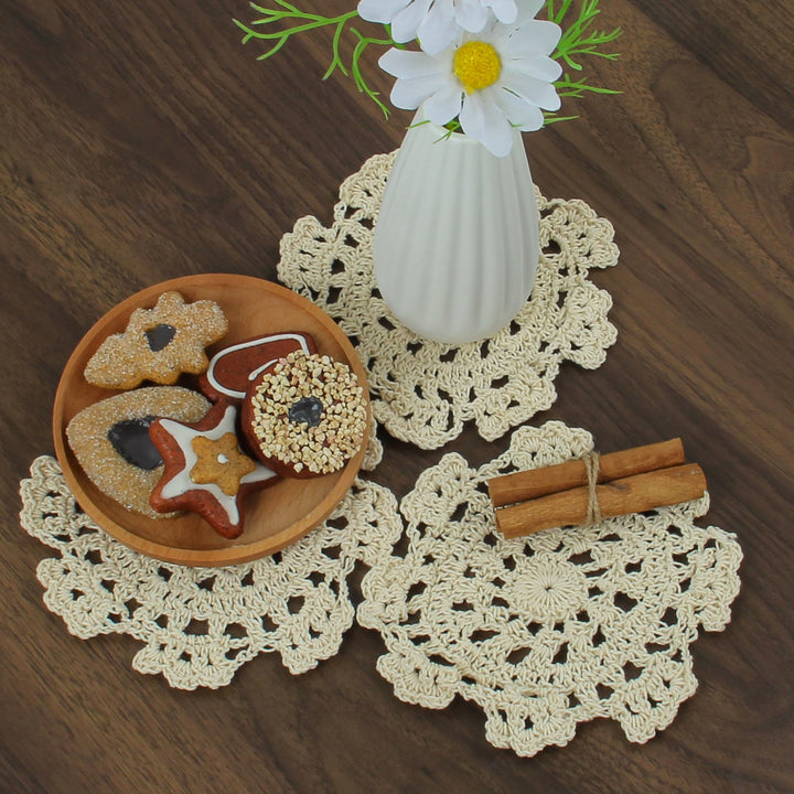 Small Handmade Crochet Round Cotton Lace Table Placemats Doilies for Cup/Glass Value Pack [Set of 4], Medallion, 5 inch, Beige
