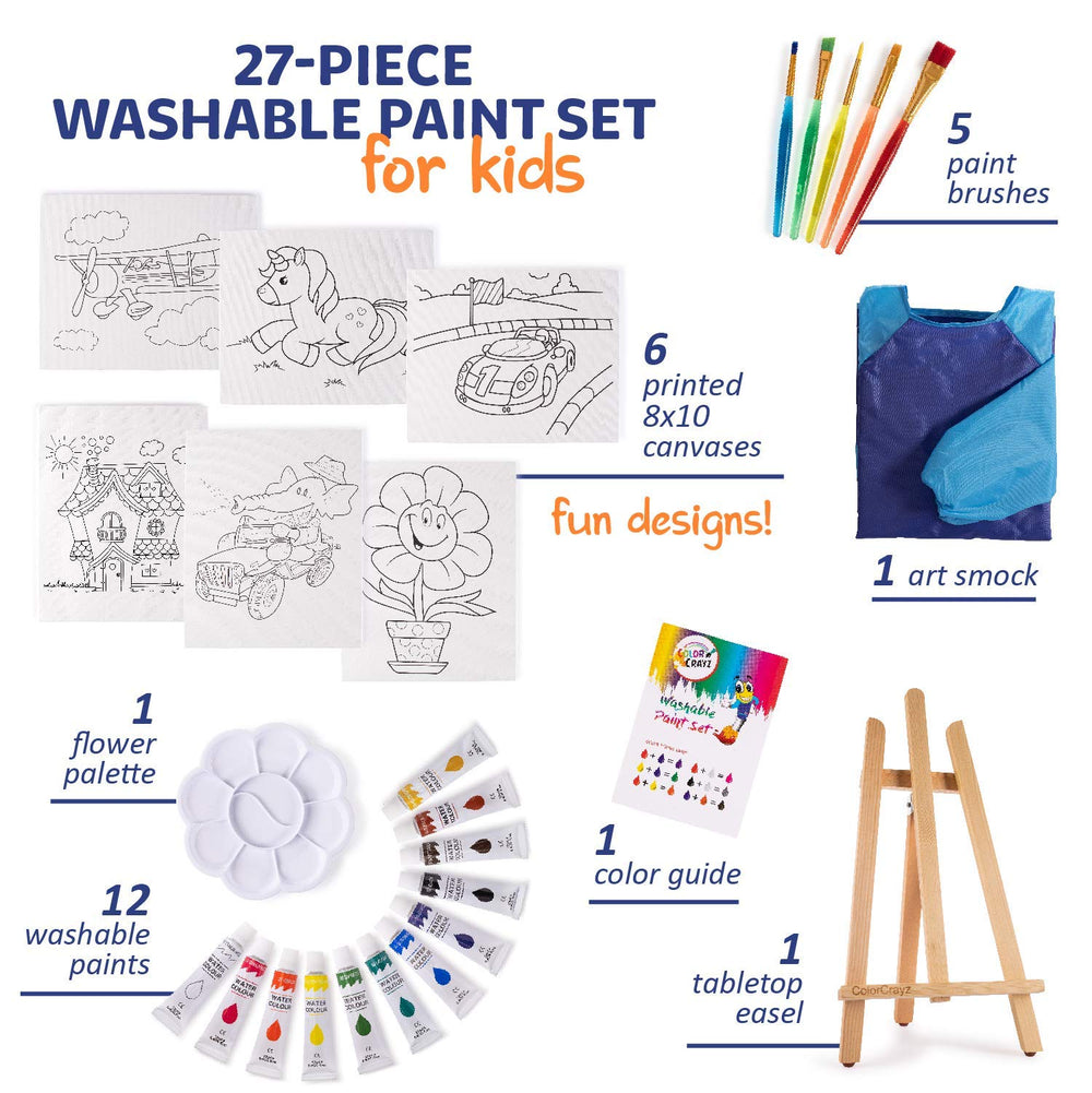 Paint Set for Kids - 27 Piece Art Kit for Girls & Boys Ages 4-10 - Non-Toxic Washable Painting Supplies with Canvases, Brushes Easel Smock & More - Fun & Creative Gift Idea for Children