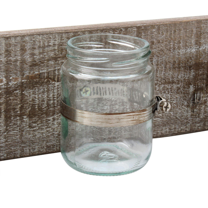 Rustic Industrial White Wash Wood Hanging Wall Decor with 3 Glass Jar Containers, Clear