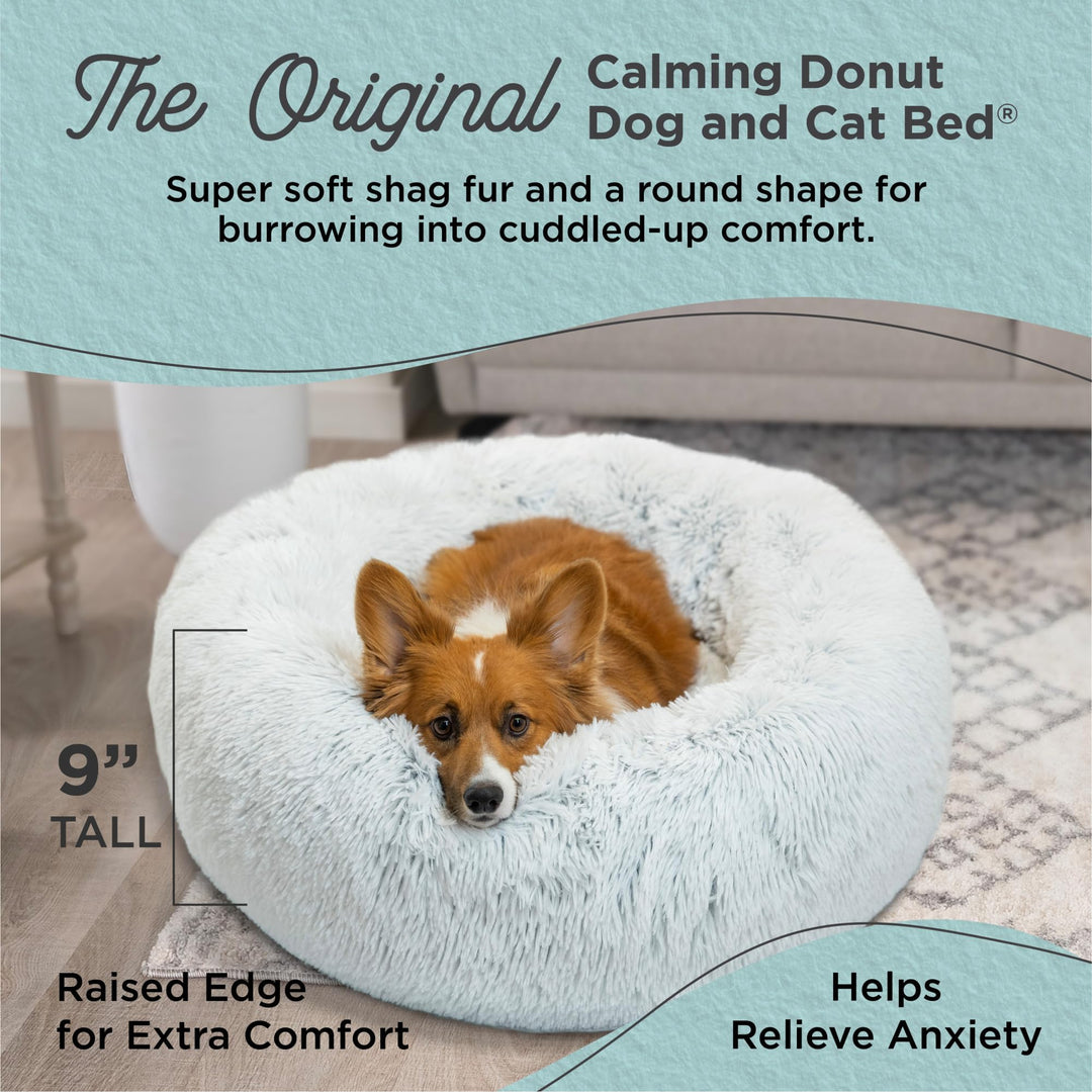The Original Calming Donut Dog and Cat Bed in Shag Fur, Frost Gray, Medium, 30x30