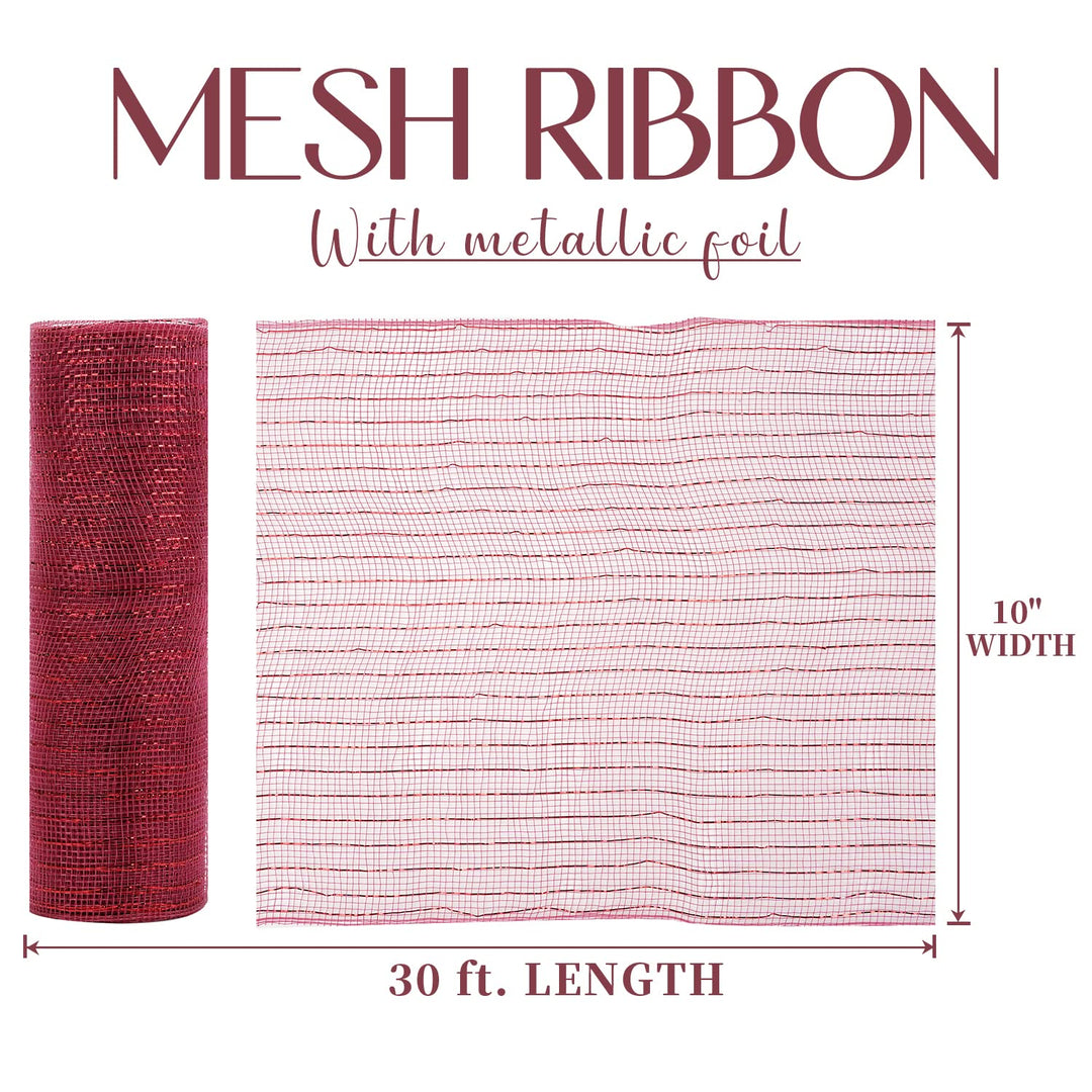 Wine Red Christmas Mesh Ribbon for Tree Mesh Wreath Ribbon Mesh Rolls 10 inch,Wine red &amp; Red Metallic for Wreaths Swags Bows Crafts Home Party Decoration ( 30 feet )