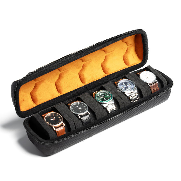 watch travel case, hard watch roll, men&#39;s watch case holder, watch box display organizer (Brown Microfiber Lining 5 Slots)