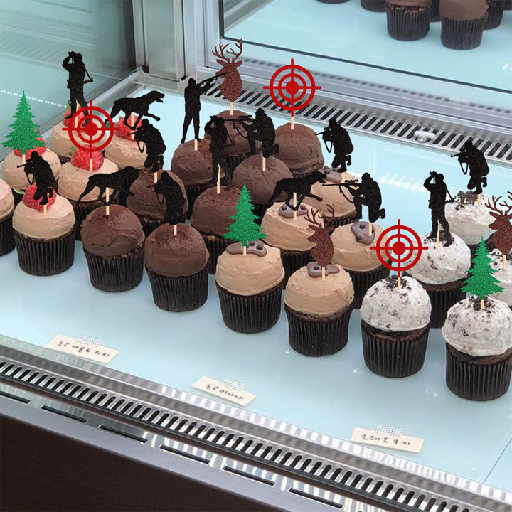 24 Pack Hunting Cupcake Toppers Glitter Tree Deer Hound Target Hunter Cupcake Picks Woodland Hunting Theme Baby Shower Boys Girls Birthday Party Cake Decorations Supplies