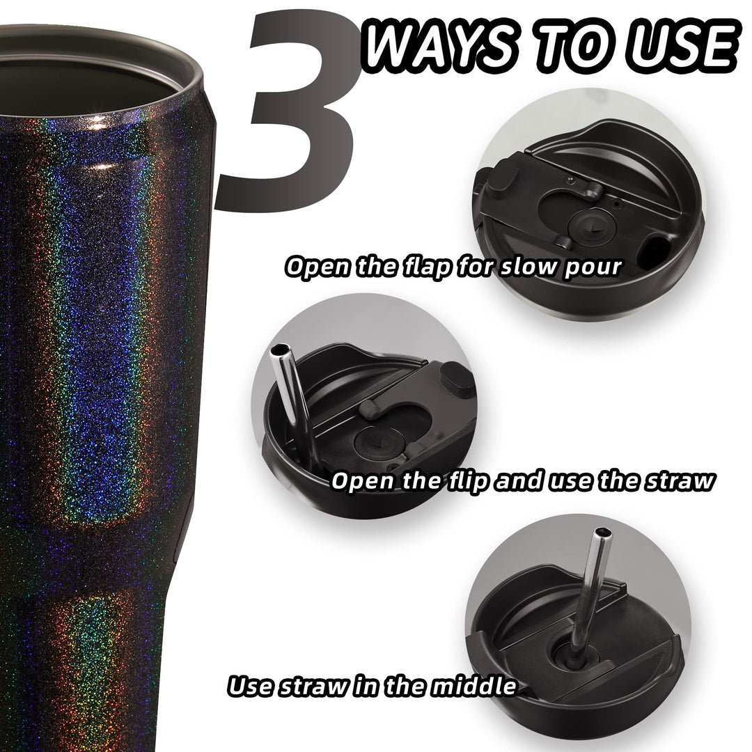 40oz Insulated Tumbler With Lid and Straws, Stainless Steel Double Vacuum Coffee Tumbler With Handle, Keeps Drinks Cold up to 34 Hours or Hot for 12 Hours(Glitter Black 1 pack)