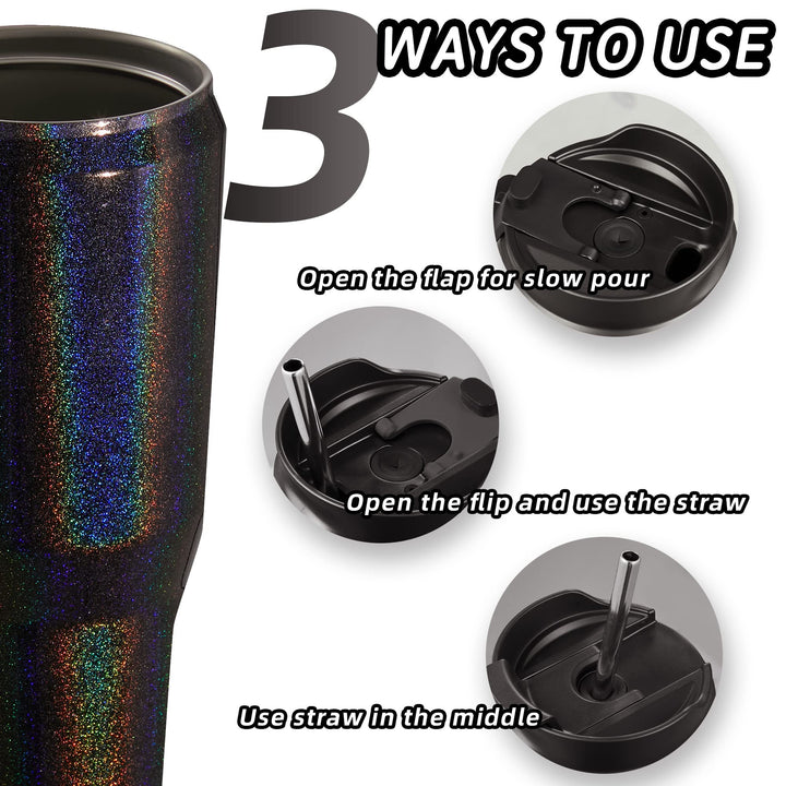 40oz Insulated Tumbler With Lid and Straws, Stainless Steel Double Vacuum Coffee Tumbler With Handle, Keeps Drinks Cold up to 34 Hours or Hot for 12 Hours(Glitter Black 1 pack)