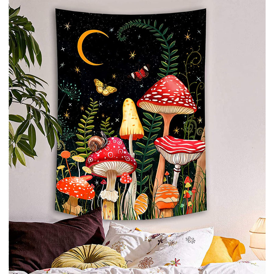 INUDIO CLZFXS Mushroom Tapestry Moon and Star Tapestry Black Boho Vertical Tapestries Colorful Butterfly Aesthetic Tapestry Wall Hanging for Bedroom (43x59(110x150cm))