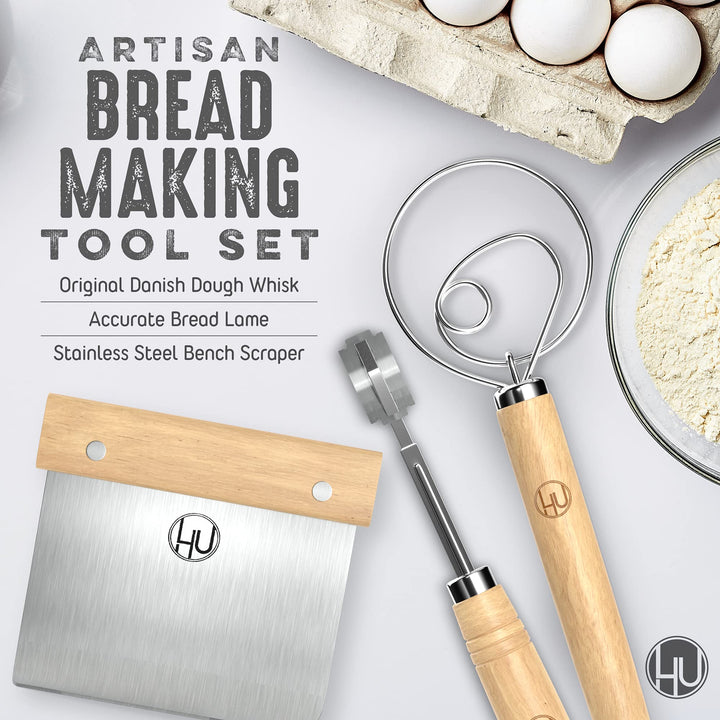 Bread Making Tools and Supplies - Set of 3 - Danish Dough Whisk, Bread Lame, Bench Scraper - Dough Hook with Bread Scraper, Lame Bread Tool, Blades - Great for Baking Sourdough, Pizza, Pastry