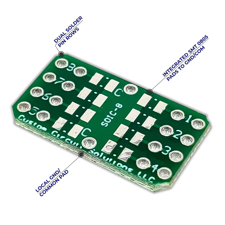 – SMD to DIP Breakout PCB Module, 8-Pin, SOIC to DIP Adapter Header with Integrated SMT Resistor and/or Capacitor Pads – 10 Pieces