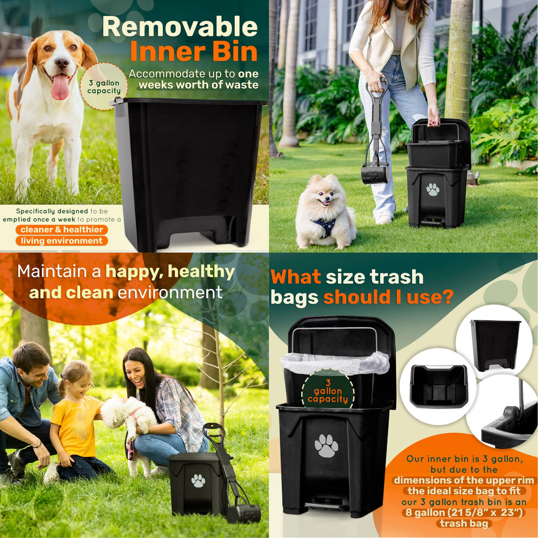 USA Fully Assembled Outdoor Dog Poop Trash Can with Lid and Removable Inner Waste Bin. Includes Long Handle Claw Pooper Scooper. A Portion of Every Sale Donated to Help Animals in Need.