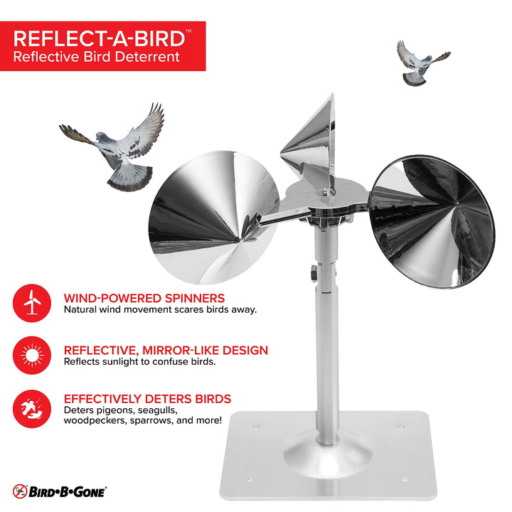 Bird B Gone - Reflect-A-Bird - Reflective Spinning Deterrent - Repels Pigeons, Sparrows, &amp; Woodpeckers - Wind Powered - for Gardens, Railings, Roofs, Etc - Weatherproof Aluminum - Adjustable Neck