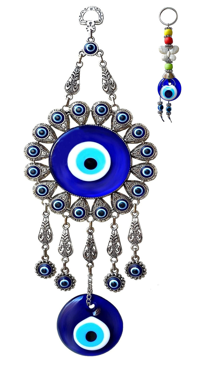 Evil Eye Wall Hanging: Large Double Blue Glass Ornament with Keychain - Turkish Greek Eye - Nazar Bead - Metal Home Decoration - Jewish Good Luck House Charm - Evil Eye Wall Decor