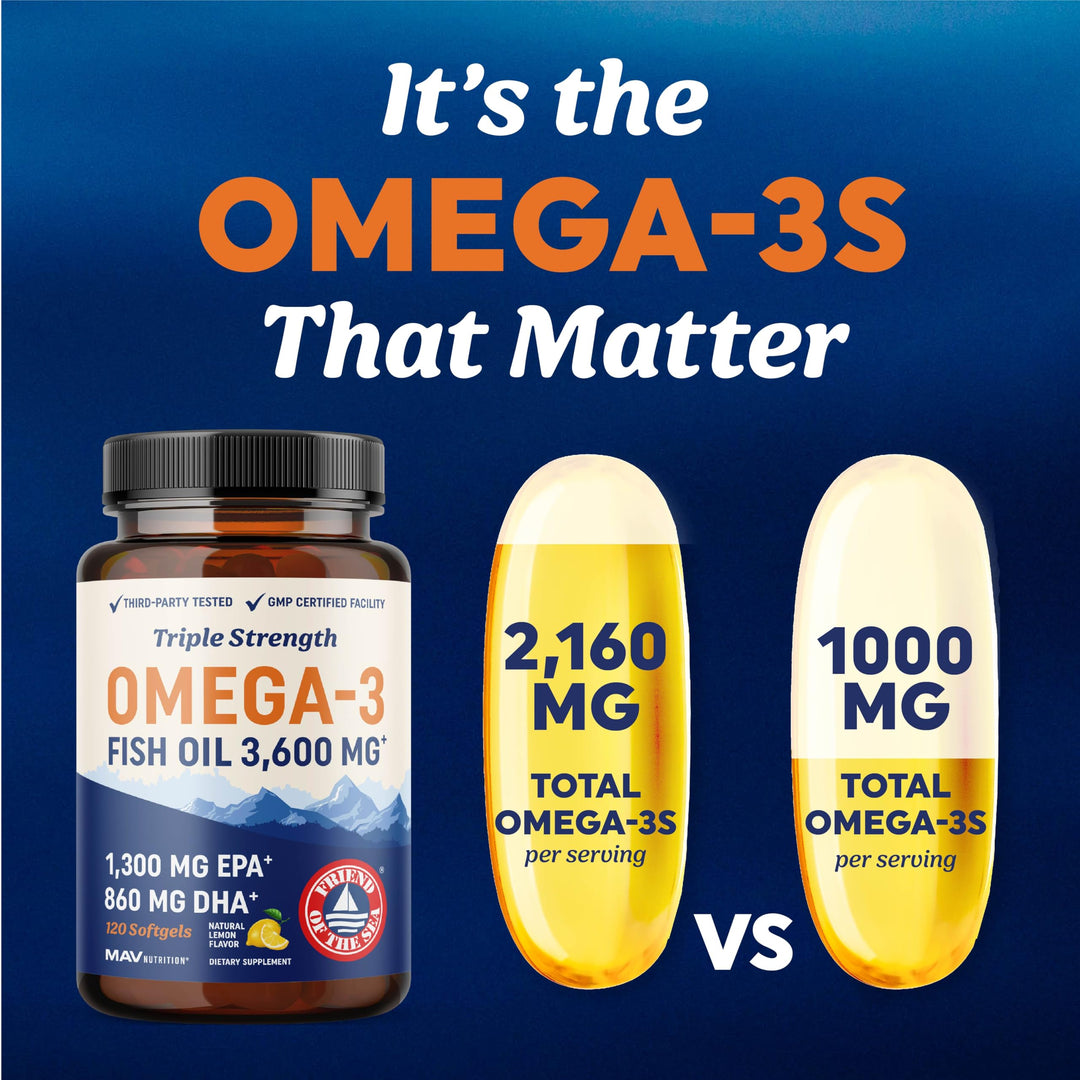 Triple Strength Omega 3 Fish Oil 3600 mg | EPA &amp; DHA | Over 2100mg Omega-3 Fatty Acids | 1300mg EPA + 860mg DHA | Best Essential Fatty Acids | Premium Wild Caught &amp; Burpless Fish Oil | 120 Ct