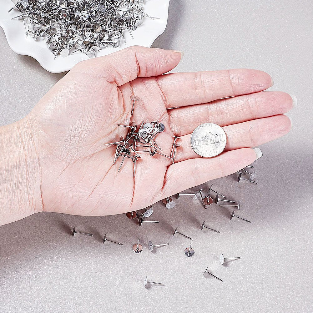 500 Pieces Stainless Steel Flat Round Blank Peg Earrings Posts Flat Pad Ear Stud Components Earring Making Findings (12x6mm, Pin: 0.6mm)